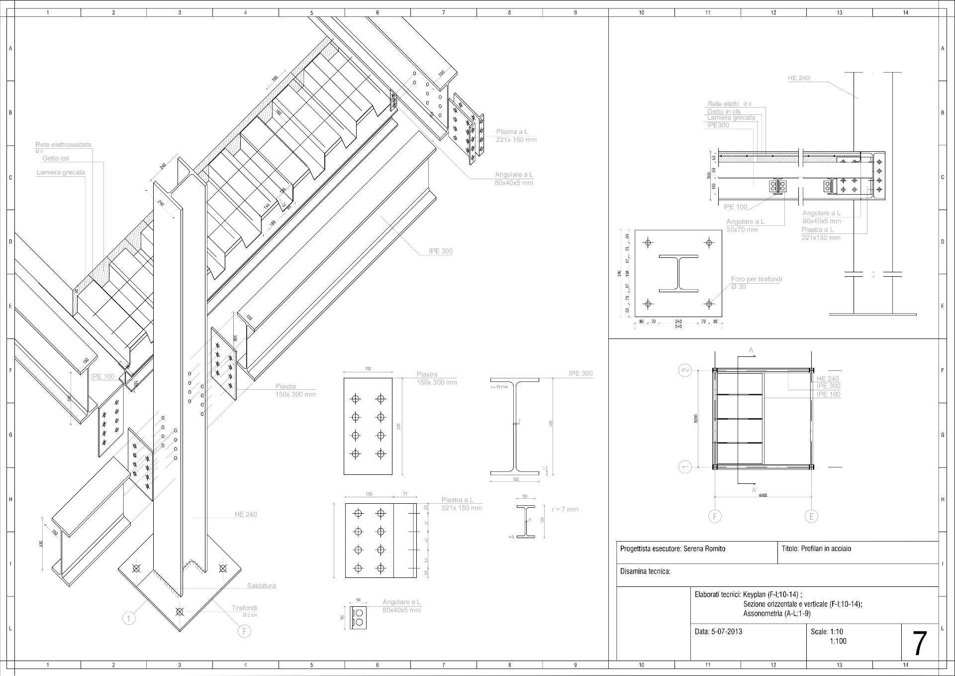 Assonometria ballatoio esterno in acciaio - Scala 1:10